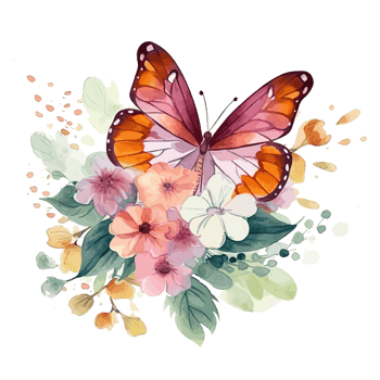 Watercolor butterfly and bouquets spring flowers . png