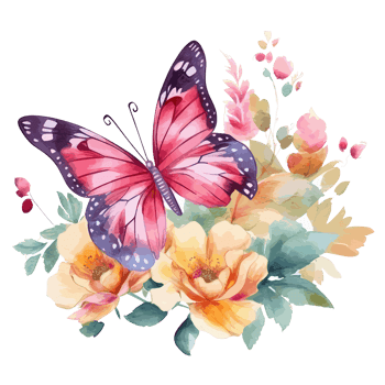 Watercolor butterfly and bouquets spring flowers . png