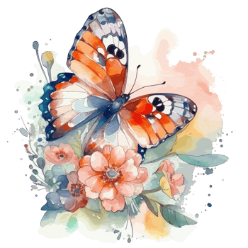 Watercolor butterfly and bouquets spring flowers . png