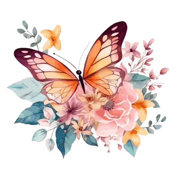 Watercolor butterfly and bouquets spring flowers . png