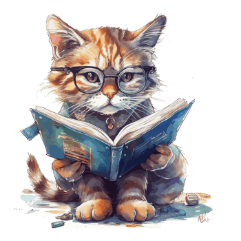 watercolor cute cat wearing glasses reading a book . png