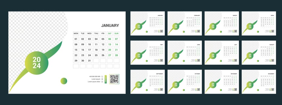 Calendar 2024 planner corporate template design set. Week starts on Monday.template for annual calendar 2024 vector