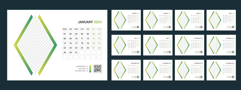Calendar 2024 planner corporate template design set. Week starts on Monday.template for annual calendar 2024 vector