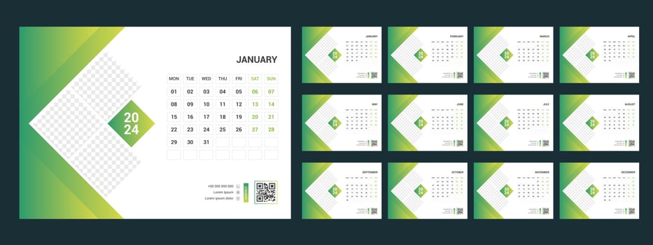 Calendar 2024 planner corporate template design set. Week starts on Monday.template for annual calendar 2024 vector
