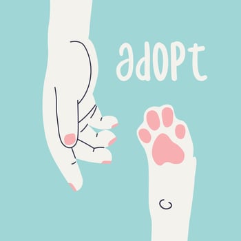 Adopt. Human hand reaches for a dog's paw. Simple flat illustration calling for adoption of animals from the shelter. vector