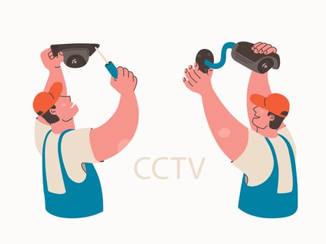 Video surveillance installation. Professional installs video security camera. Vector isolated illustration. Installing CCTV