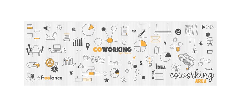 Vector doodles office co-work concept. Coworking and collaborative workspace and freelance. Hand drawing illustrations for web banner, design, booklets.