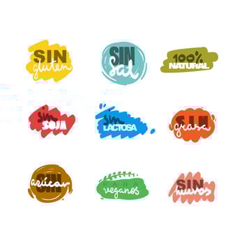 Food allergic icons set. Colored labels hand drawing in Spanish. Lactose free, sugar free, gluten free, salt free, egg free, soy free, fat free, vegetarian. vector