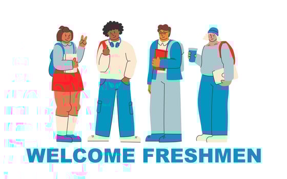 Welcome freshmen. Cute illustration for greeting new college and university students. Students with books, young people, multi-ethnic. vector