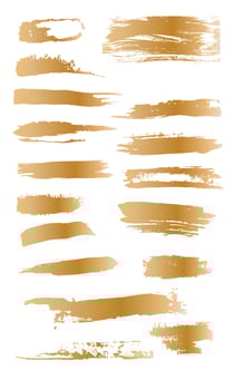 Set of brass Gold artistic brush strokes features sponge stamps, splashes, dry brush marks, and pastel pencil textures. vector