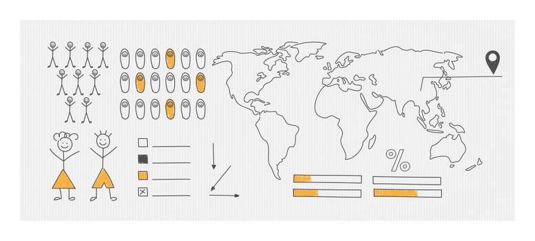 A schematic map of the world for statistics visualization. Hand drawn elements of infographics. vector