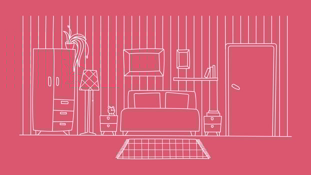 Bedroom interior flat simple. Linear outlines of furniture. Monochrome vector illustration. Pink background, white lines.