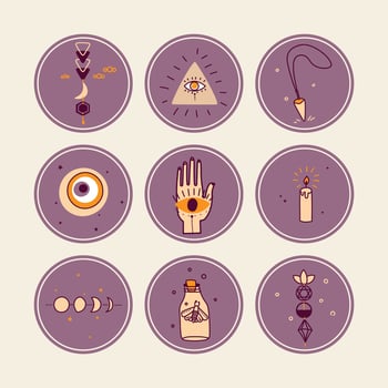 Vector highlight covers set for social media stories. Magic, esoteric concept. Collection of round icons of mystical objects.
