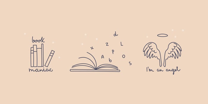 Set of minimalistic design tattoos. A stack of books, an open book with scattered letters, angel wings and a halo. Handwritten lettering. Cute illustration for design. Vector line art.