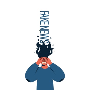 Fake news and propaganda concept. Woman with closed eyes with his hands. Emotion of anger or fear. Too much information. Vector flat illustration isolated on white background.