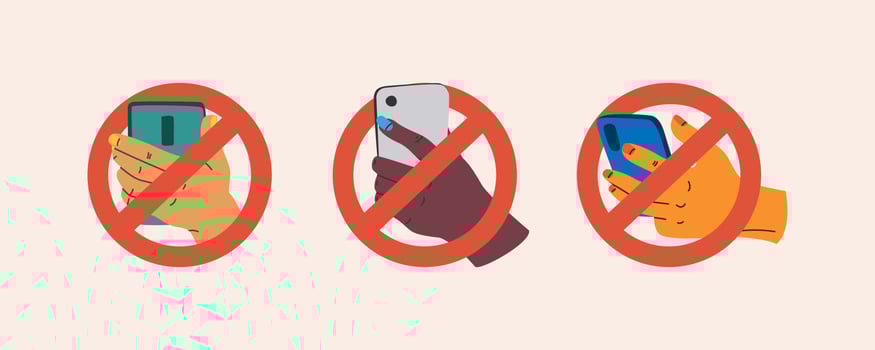 Prohibition to use a mobile phone. Hand holding a smartphone in a crossed out circle. No phone. Digital detox. vector
