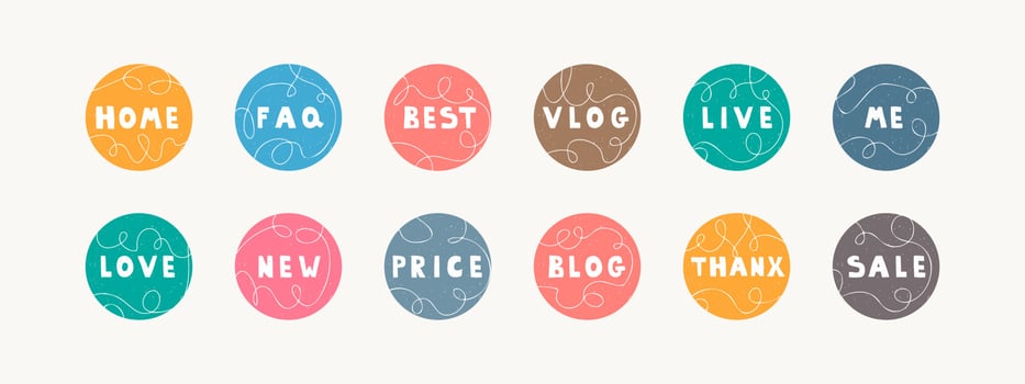 Set of highlight background covers for social media. Round templates with lettering. Icons with text for bloggers and commercial business accounts. Vector hand drawing.