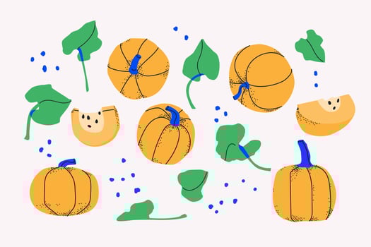 Set of decorative yellow pumpkins, slices and leaves. Vegetables isolated on white background. For design vector
