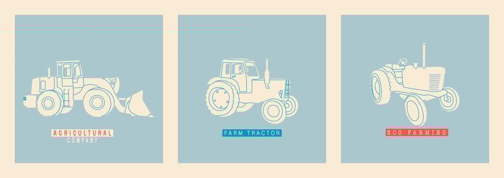 Set of vector illustrations of tractors. Simple flat, retro style. Tractor, hay harvester, harvester, agrimotor. Modern and outdated models of vehicles for agro farms. Agricultural business element.