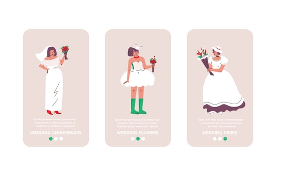 A set of screens for a wedding-themed mobile application. Brides in wedding dresses holding flowers. White, beige and purple colors. Vector flat illustration.
