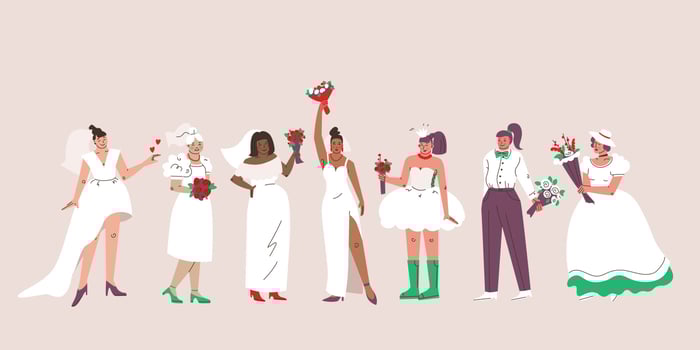 Set of brides of different ages, nationalities and styles. Women in wedding dresses. Vector trendy character.