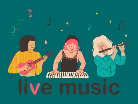Lettering live music and women musicians. Vector illustration for invitation, greeting card or banner of the festival.