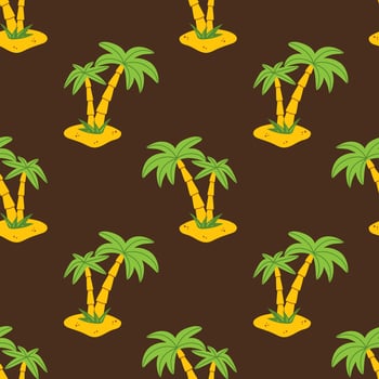 Vector seamless pattern with palm tree in flat design. Two palm trees on the beach on brown background. Summer tropical pattern with coconut tree. Seamless dark background with exotic landscape.