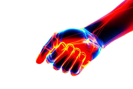 Carpal tunnel syndrome. Brush of a man's hand in neon blue and red light. Medical poster. png
