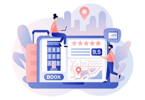 Booking hotel online. Tiny people search, choose and reservation hotel or apartment on web site. Tourist and business trip. Modern flat cartoon style. Vector illustration on white background