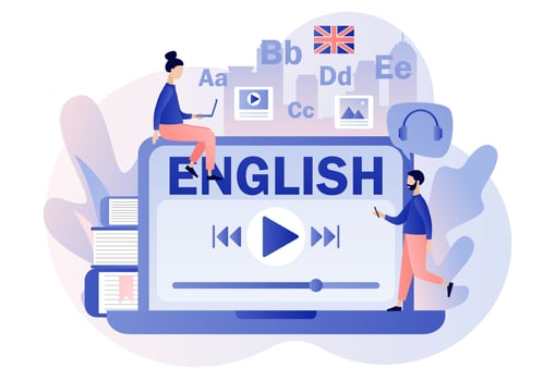 Language courses or school online. Tiny people learning English with laptop and books. Distance education. Modern flat cartoon style. Vector illustration on white background