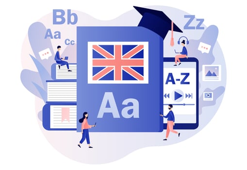 Language courses or school online. Distance education. Tiny people learning English with smartphone, laptop, book. Modern flat cartoon style. Vector illustration on white background