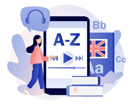 Language courses or school online. Distance education. Tiny girl learning English with smartphone and book. Modern flat cartoon style. Vector illustration on white background