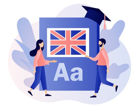 Language courses or school online. Tiny people learning English with book. Distance education. Modern flat cartoon style. Vector illustration on white background