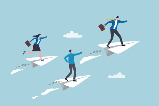 Success leadership to lead team to achieve goal, motivation or aspiration to drive company, teamwork or career opportunity concept, businessman ride paper airplane origami lead team flying to success. vector