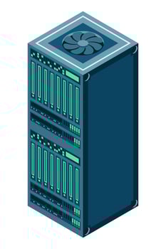 Isometric server. Network server room. 3D computer equipment. Storage database. Isometric technology. Vector illustration