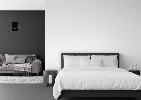 Wallpaper presentation mock up. Bedroom furniture and home accessories on transparent background. Copy space for wallpaper, wall panels, photo wallpaper, print or paint. Interior wall mockup. 3D. png