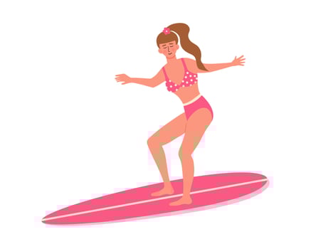 Beautiful woman in swimsuit on surfboard. Beach surfer girl. Active summer, Healthy Lifestyle, Surfing, Summer Vacation concept vector