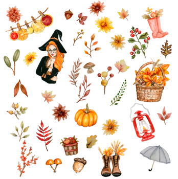 Watercolor hand drawn autumn leaves and pumpkins. Hand drawn illustration of autumn. Perfect for scrapbooking, kids design, wedding invitation, posters, greetings cards, party decoration. png
