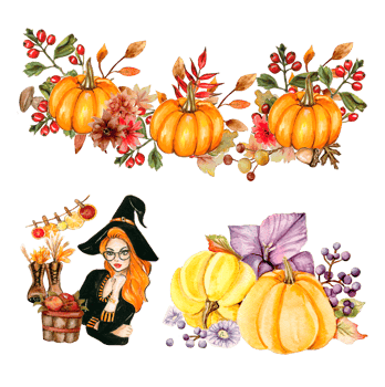 Watercolor hand drawn autumn leaves and pumpkins composition. Illustration of autumn. Perfect for scrapbooking, kids design, wedding invitation, posters, greetings cards, party decoration. png