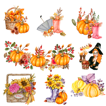 Watercolor hand drawn autumn leaves and pumpkins composition. Illustration of autumn. Perfect for scrapbooking, kids design, wedding invitation, posters, greetings cards, party decoration. png
