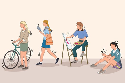 young girl hobbies activities, lady activity characters cartoon ,Trendy one line draw design vector illustration
