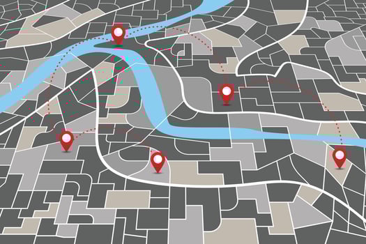 Dark city navigation perspective map with directional pins vector
