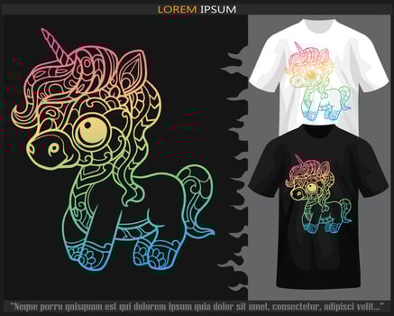 Gradient Colorful cute Unicorn cartoon mandala arts isolated on black and white t shirt. vector