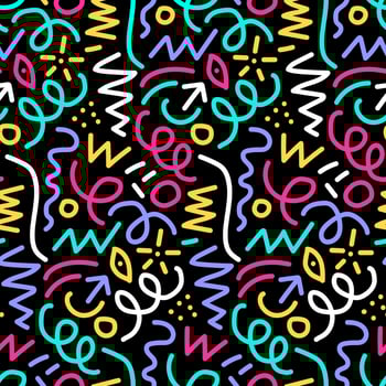 Trendy 90s style vivied line doodle seamless pattern. Creative minimalistic art background for kids with basic abstract shapes. Simple party confetti texture, childish scribble shape backdrop.Vector vector
