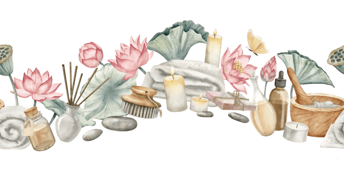 Spa seamless Border with body care Cosmetic, towels and flacons on isolated background. Hand drawn watercolor illustration with lotus flowers. Pattern with mortar and aroma essential oil for banner. png