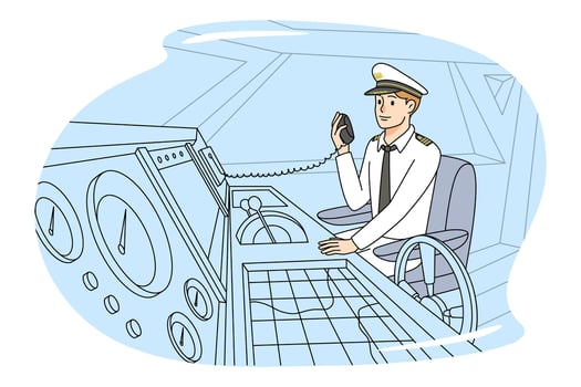 Boat captain in uniform talk on radio set. Man in ship or ferry cabin command with marine center. Vector illustration.
