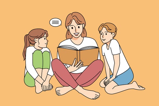 Happy mother reading book to excited small kids. Loving mom enjoy literature fairytale with little children. Family weekend and motherhood concept. Vector illustration.
