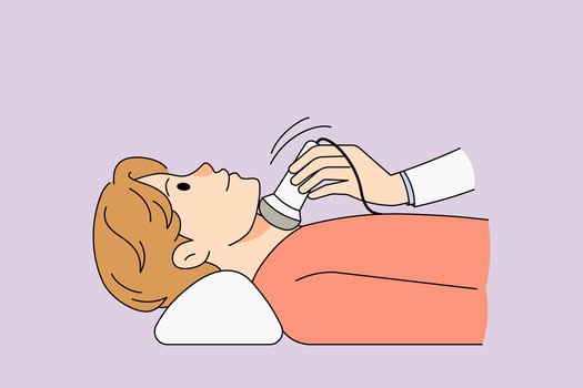 Doctor diagnose male patient thyroid gland on neck. Thyroid disease ultrasound examination in hospital or clinic. Healthcare and medicine concept. Vector illustration.