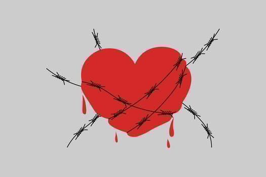 Bloody heart sign with wire around. Love symbol coiled with rod. Concept of broken relationships, divorce and breakup. Love hurts. Flat vector illustration.