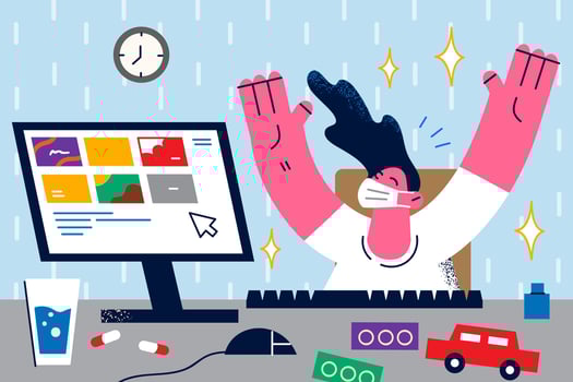 Happy kid in facial mask sit at table study online on computer at home on lockdown. Overjoyed teen child have webcam class on PC on quarantine. Remote education concept. Vector illustration.
